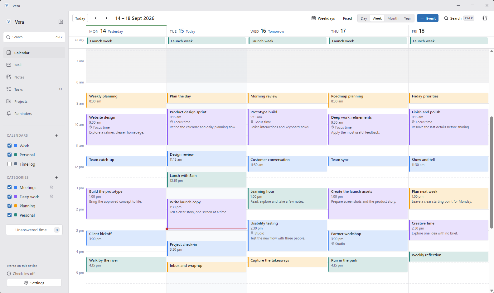 Vera's weekly calendar with colour-coded focus blocks, meetings and personal plans.