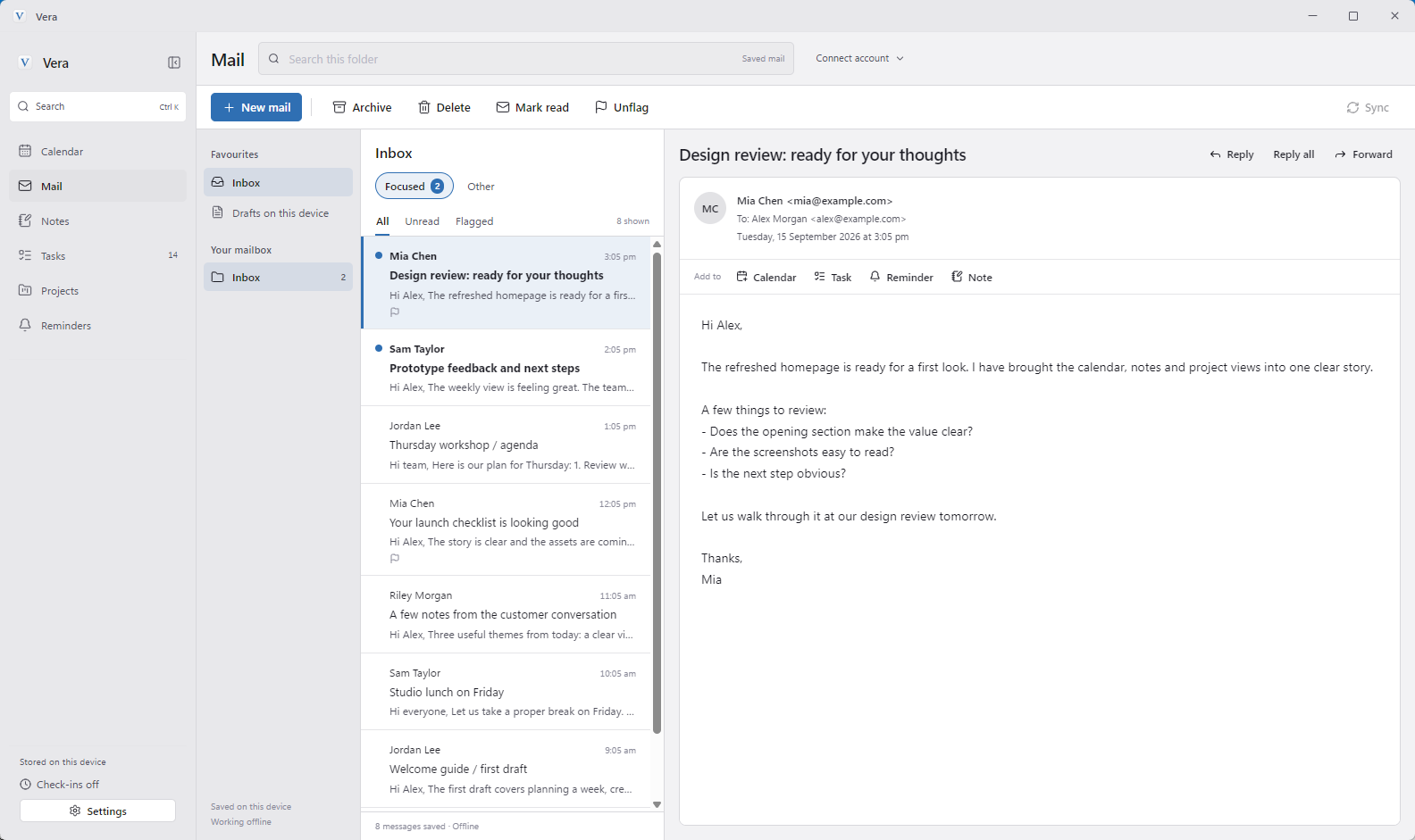 Vera Mail with a sample inbox and actions to turn a message into an event, task, reminder or note.