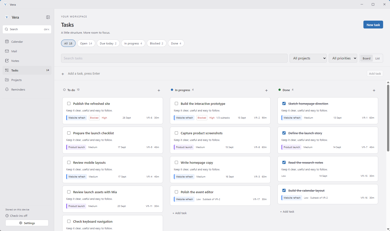Tasks arranged in To do, In progress and Done columns, with project labels and priorities.